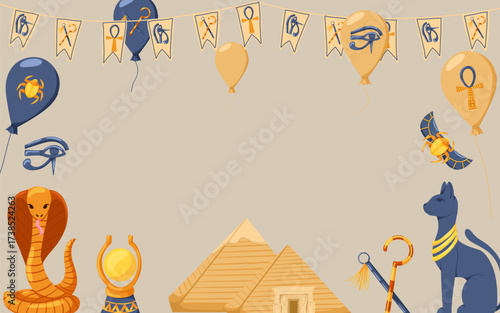 Frame with Egyptian symbols, pyramid, cat, cobra, scarab, crook and flail, symbols of pharaonic power. Vector cartoon illustration with copy space for invitation, horizontal banner and greeting card