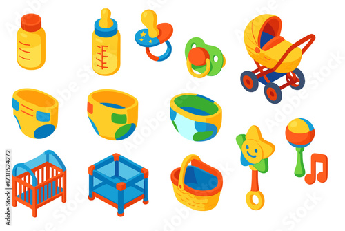 Vibrant Baby Essentials Icons. Isometric vector illustration set baby icons: milk storage bottle, graduated feeding bottle,