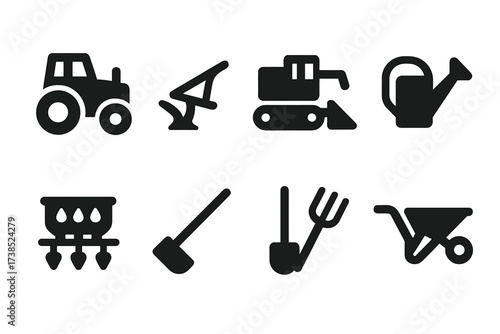 Farming Equipment Icons. Solid, filled icon set of farming equipment: tractor, plow, harvester, watering can, seed drill, hoe, pitchfork, wheelbarrow. [Line