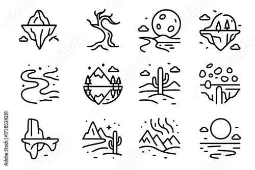 Surreal Icon Landscapes. Surreal landscapes. Line icon set of surreal landscapes: floating mountain, twisted tree, oversized moon, glowing river, mirrored