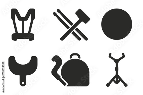 Marching Drum Icons. Solid, filled icon set of marching drum accessories: drum harness, drumsticks, drum key, practice pad, muffler, tuning wrench, drum case,