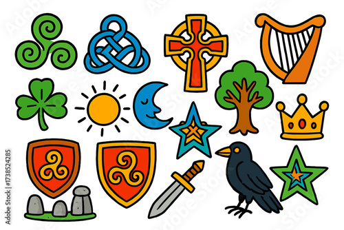 Celtic Doodle Icons. Celtic Symbols. Colorful Hand-drawn doodle Children illustration spiral, knot, cross, harp, shamrock, sun, moon, tree, crown, shield,