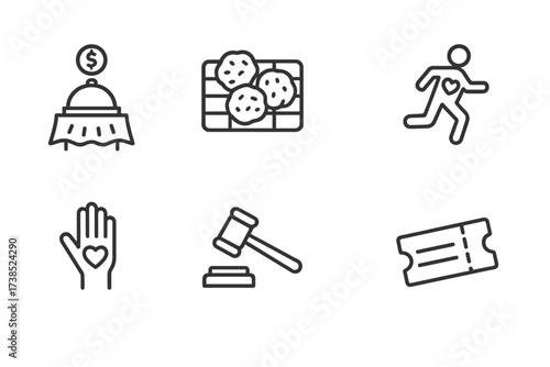Charity Events Icons. Outline icon set of charity events: fundraising gala, bake sale, charity run, auction hammer, volunteer hand, donation receipt,