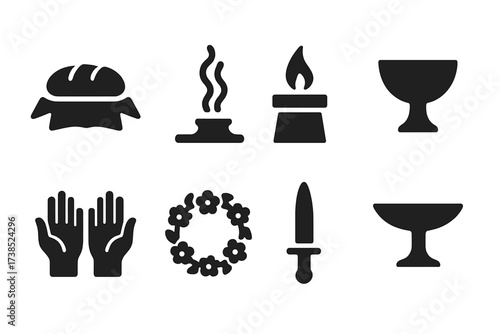 Ceremonial Bread Icon Set. Solid, filled icon set of ceremonial bread offerings: bread on cloth, incense smoke, altar flame, sacred bowl, blessing hands,