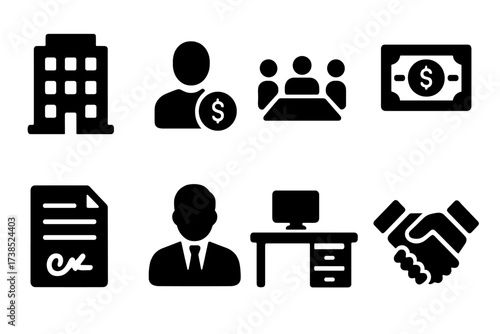 Tax Haven Icons. Solid, filled icon set of tax haven corporate structures: company building, shareholder, board meeting, stock certificate, contract, CEO,