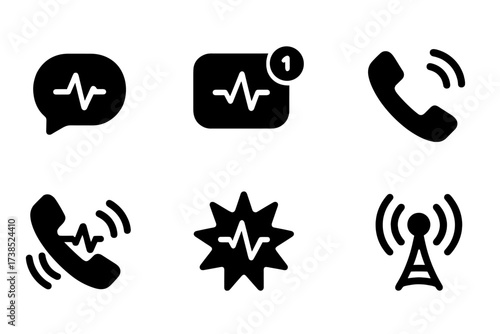 Pulse Communication Icons. Solid, filled icon set of pulse communication: chat bubble, notification, message alert, email ping, phone ring, vibration, signal