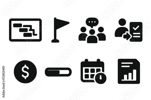 Project Planning Icons. Solid, filled icon set of project planning: gantt chart, milestone flag, team meeting, task assignment, budget, progress bar, calendar