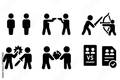 Duel Challenge Icons. Solid, filled icon set of duel challenges: one-on-one, duel with pistols, sword fight, archery duel, magic duel, gauntlet challenge, duel