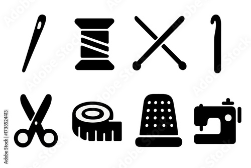 String Tools Icons. Solid, filled icon set of string tools: needle, spool, knitting needle, crochet hook, scissors, tape measure, thimble, sewing machine.