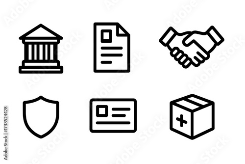 Government Aid Icons. Solid, filled icon set of government aid: government building, official document, handshake, safety net, shield, tax form, public