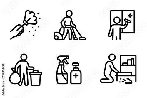 Cleaning Chore Icons. Outline icon set of cleaning chores: dusting, vacuuming, mopping, window washing, trash removal, disinfecting, scrubbing floor,