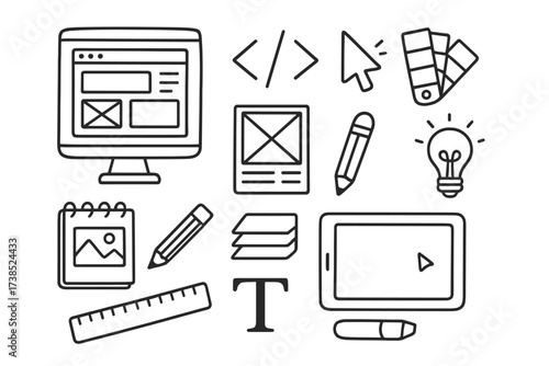 Web Design Doodle Icons. Hand-drawn doodle illustration web design computer screen, code brackets, mouse pointer, wireframe, color palette, pencil, sketchbook,