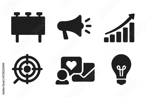 Advertising Icon Set. Solid, filled icon set of advertising campaigns: billboard, megaphone, dollar sign, graph, target, social media, email, light bulb. [Line