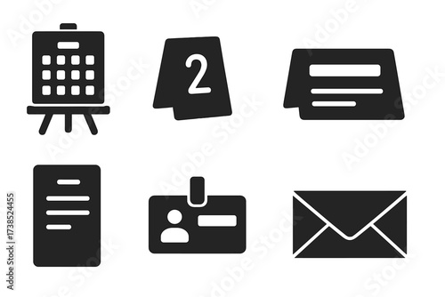 Seating Accessories Icons. Solid, filled icon set of seating accessories: seating chart, table number card, RSVP card, table name card, menu card, name badge,