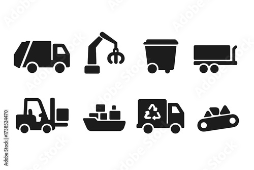 Waste Transport Icons. Solid, filled icon set of waste transportation: garbage truck, loading crane, waste container, trailer, forklift, cargo ship, recycling