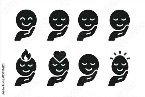 Soothing Emotion Icons. Solid, filled icon set of soothing touch emotions: happiness, tranquility, serenity, relief, contentment, warmth, love, hope. Solid,