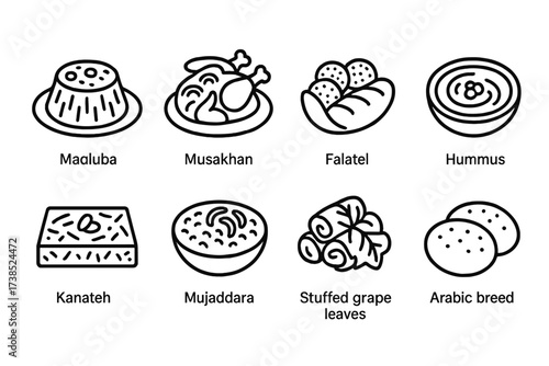 Palestinian Culture Icons. Outline icon set of Palestinian cuisine: Maqluba, Musakhan, Falafel, Hummus, Kanafeh, Mujaddara, Stuffed grape leaves, Arabic bread.