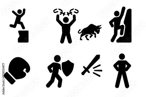 Icons of Bold Actions. Solid, filled icon set of boldness actions: jumping off cliff, breaking chains, charging bull, climbing steep cliff, boxing glove,