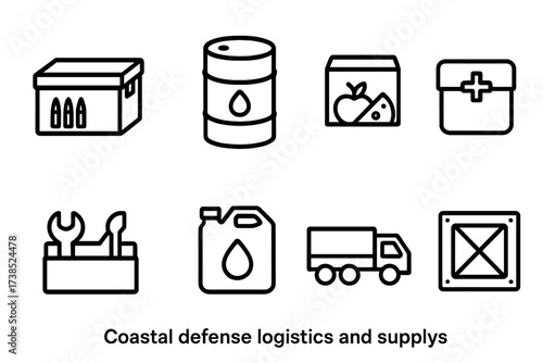 Coastal Defense Icons. Outline icon set of coastal defense logistics and supplies: ammunition box, fuel drum, food rations, medical supplies, toolkit, water