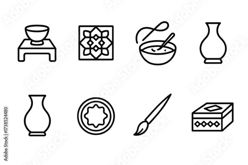 Middle Eastern Icon Collection. Outline icon set of Afghan food and drink: naan bread, kabuli pulao, kebab skewer, dried fruit, chai tea, yogurt