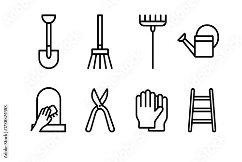 Tomb Maintenance Icons. Outline icon set of tomb maintenance: shovel, broom, rake, watering can, stone cleaning, pruning shears, gloves, ladder. Line icons in