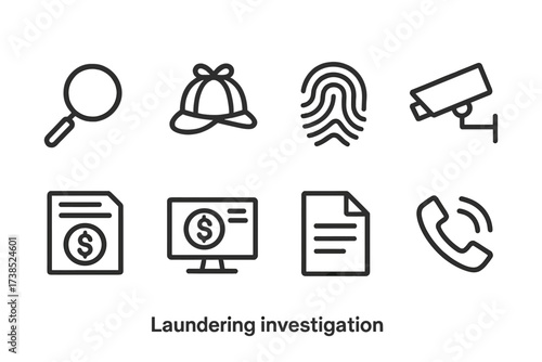 Laundering Investigation Icons. Outline icon set of laundering investigations: magnifying glass, detective hat, fingerprint, surveillance camera, report,