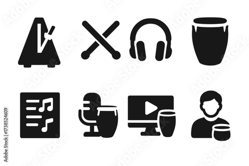 Conga Practice Icons. Solid, filled icon set of conga practice and rehearsal: metronome, drumsticks, headphones, practice pad, music sheet, recording session,