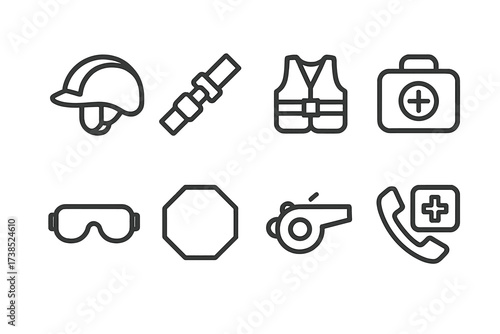 Brother's Safety Icons. Outline icon set of brother?s safety: helmet, seatbelt, life jacket, first aid kit, safety goggles, stop sign, whistle, emergency