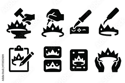 Tiara Crafting Icons. Solid, filled icon set of tiara crafting: metalworking, stone setting, engraving, soldering, polishing, design sketch, mold, assembly.