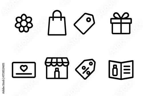 Cosmetics Icon Set. Solid, filled icon set of cosmetics brand elements: logo, shopping bag, price tag, gift box, loyalty card, online store, discount tag,