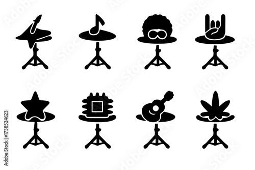 Music Genre Icons. Solid, filled icon set of hi-hat music genres: rock, jazz, funk, metal, pop, electronic, blues, reggae. Solid, filled icons in only black