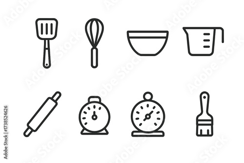 Cooking Utensil Icons. Outline icon set of oven cooking utensils: spatula, whisk, mixing bowl, measuring cup, rolling pin, timer, oven thermometer, pastry