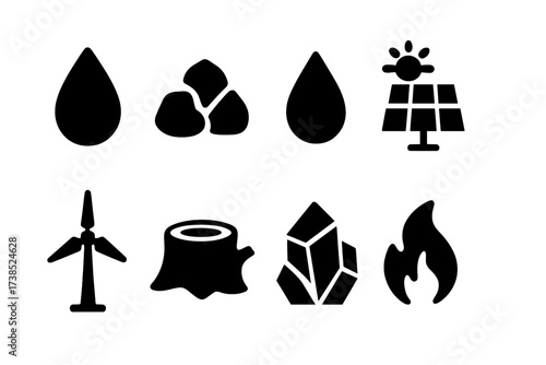 Natural Resources Icons. Solid, filled icon set of natural resources: water droplet, coal, oil drop, solar panel, wind turbine, tree stump, mineral rock, fire