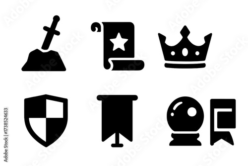 Castle Artifact Icons. Solid, filled icon set of castle artifacts: sword in stone, magic scroll, goblet, crown jewels, ancient book, shield emblem, banner,