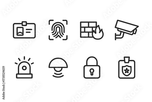 Security Icon Set. Outline icon set of command center security: access card, biometric scanner, firewall, surveillance camera, alarm bell, motion sensor, lock,