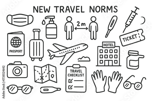 Pandemic Travel Essentials. Hand-drawn doodle illustration New travel norms during pandemic face mask, hand sanitizer, social distancing icons, vaccine