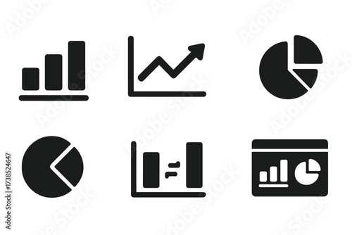 Finance App Analytics Icons. Solid, filled icon set of finance app analytics: bar chart, line graph, trend, forecast, summary, comparison, KPI, dashboard.