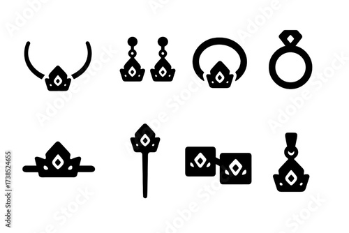 Jewelry Icon Set. Solid, filled icon set of tiara related jewelry: necklace, earrings, bracelet, ring, brooch, hairpin, cufflinks, pendant. Solid, filled icons
