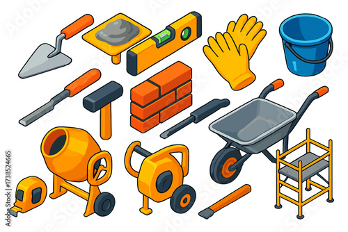 Colorful Masonry Tools Icons. Isometric vector illustration set Masonry Tools: trowel, mortar board, level, brick wall, chisel,