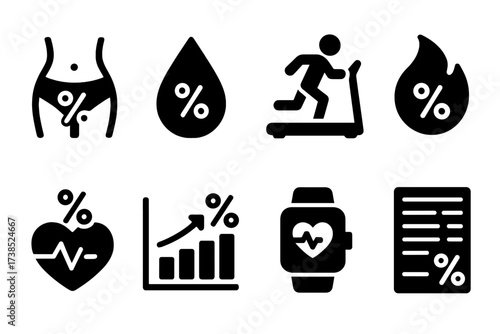 Health Metrics Icons. Solid, filled icon set of health and fitness percentages: body fat %, hydration level, workout progress, calorie burn %, heart rate %,