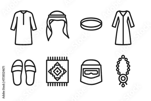 Emirati Clothing Icons. Outline icon set of Emirati traditional clothing: Kandura robe, Ghutra headscarf, Agal headband, Abaya dress, Burqa face veil, Sandals,