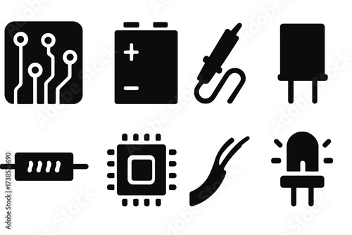 Nickel Electronics Icons. Solid, filled icon set of nickel uses in electronics: circuit board, battery pack, soldering iron, capacitor, resistor, microchip,