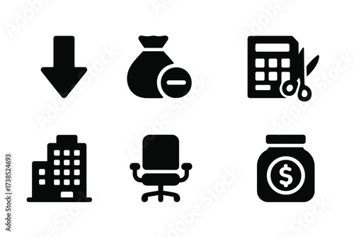 Cost Reduction Icons. Solid, filled icon set of cost reduction: downward arrow, money bag with minus, calculator, document with scissors, office building,
