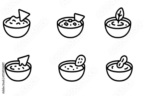 Appetizer Dip Icons. Outline icon set of appetizer dips: guacamole, salsa, hummus, spinach dip, cheese sauce, ranch, tzatziki, peanut sauce. [Line icons in