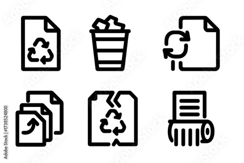 Paper Recycling Icons. Solid, filled icon set of paper recycling: recycled paper, paper waste bin, paper recycle symbol, paper reuse, paper stack with arrow,