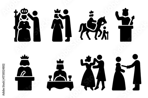 Queen's Icon Ceremonies. Solid, filled icon set of queen?s ceremonies: coronation, crown placement, royal procession, oath taking, royal speech, banquet, court