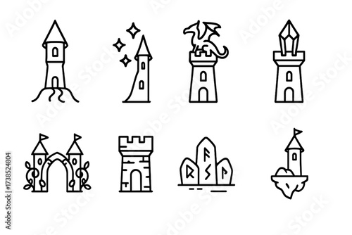Fantasy Tower Icons. Outline icon set of fantasy towers: wizard tower, magic spire, dragon perch, crystal tower, enchanted gate, stone turret, ancient runes,