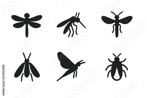Swamp Insect Icons. Solid, filled icon set of swamp insects: dragonfly, mosquito, water beetle, damselfly, midge, mayfly, gnat, firefly. Solid, filled icons in