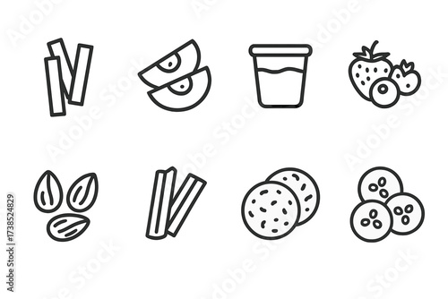 Healthy Snack Icons. Outline icon set of healthy snacks: carrot sticks, apple slices, yogurt cup, mixed berries, almonds, celery sticks, rice cakes, cucumber