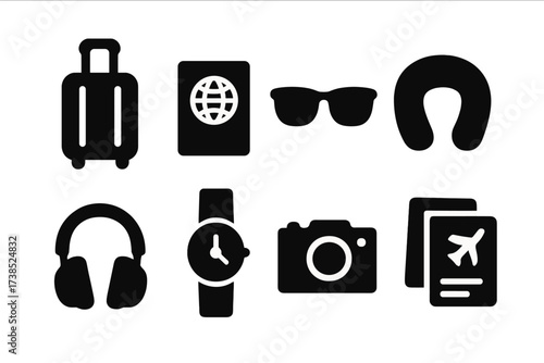 Private Jet Essentials Icons. Solid, filled icon set of private jet travel essentials: suitcase, passport, sunglasses, travel pillow, headphones, watch,